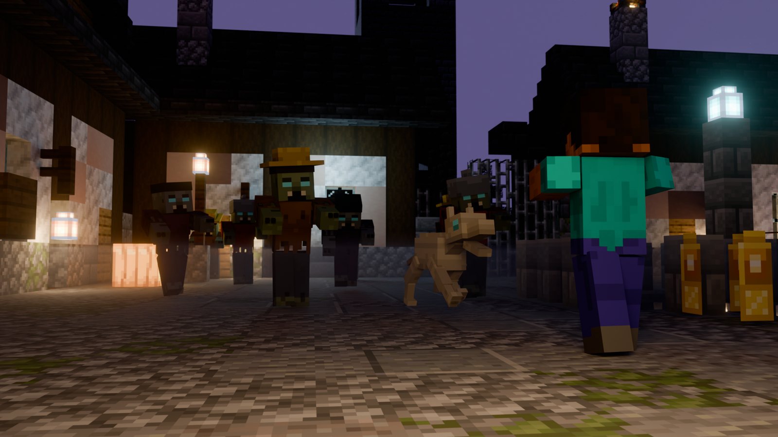 Ghouls and a bone hound advance on a player across a lantern-lit village square at night