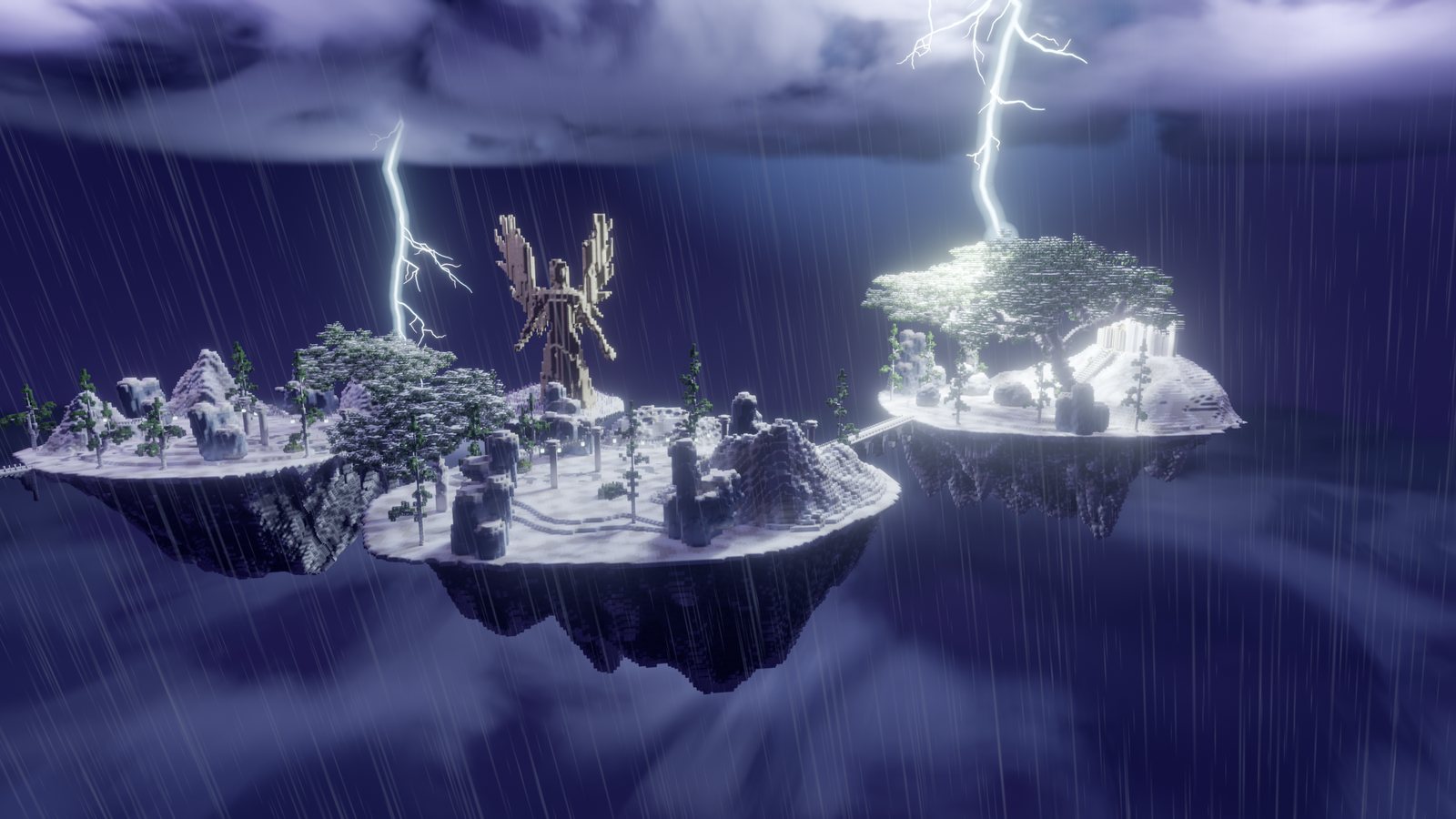 The Empyrean of Linesia, floating islands with an angel statue and glowing trees under a lightning storm