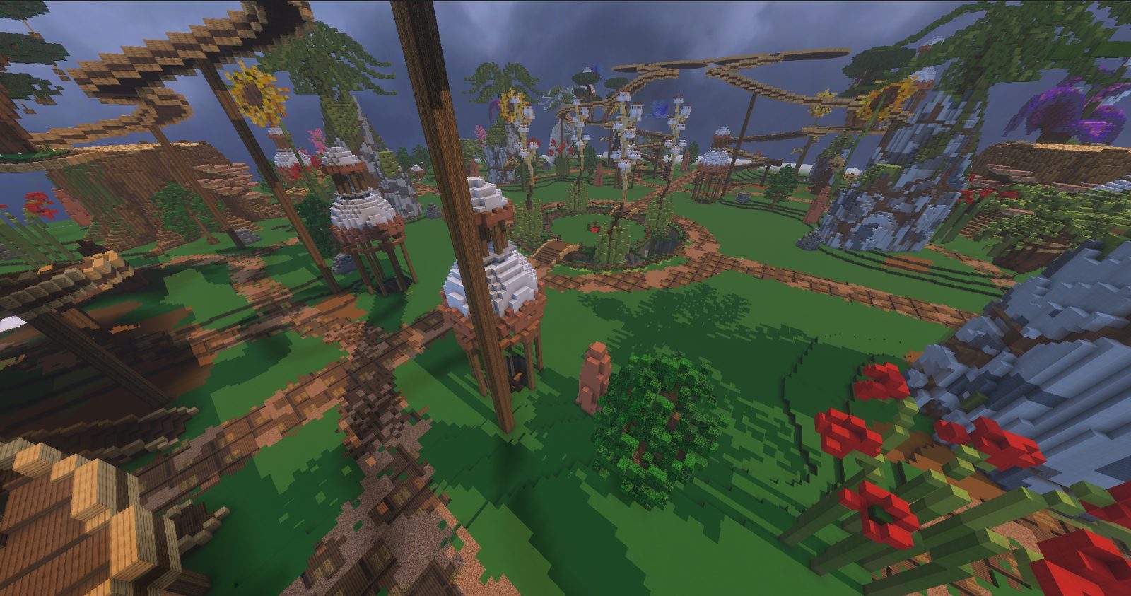 The Linesia warzone, a hand built arena of wooden towers, bridges and giant flowers